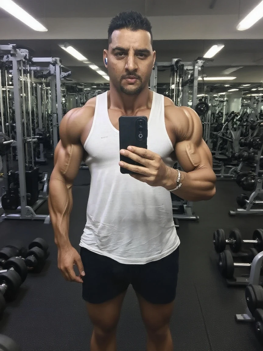arafed man taking a selfie in a bathroom mirror, exaggerated muscle physique, super buff and cool, fairly muscular, very muscly, chiseled, absurdly muscular physique, very fit and extremely muscular, strong masculine features, ripped, posing and flexing, muscled, exaggerated physique, gigachad muscular, massive muscles, huge muscles