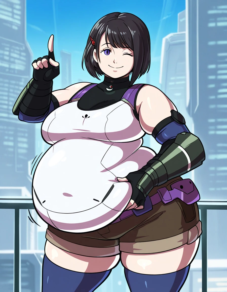 (1girl), (masterpiece:1.2), ((best quality)), (absurdres), obese girl, highres, Neko, (Nekojets:1), catgirl, purple hair, 4k, beautiful image, obese belly, obese arms, thick thighs, big cheeks, chunky neck,(best eyes, high contrast image, beautiful detailed eyes, detailed light, solo, ((short hair)), ((small breasts)),bright light, mecha mastume, mecha, plugsuit, retrowave vibes, cute, :3 face