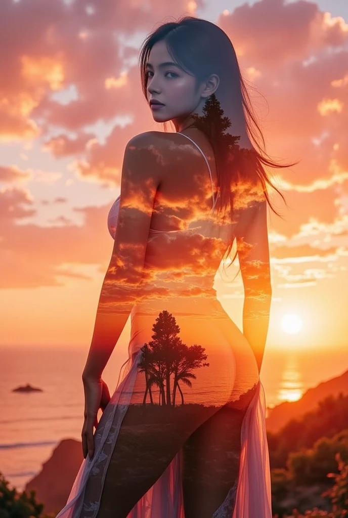 tmasterpiece, Best quality, 超高分辨率, The beautiful, Visually stunning and shocking, Elegant, Incredibly detailed, A WORLD, 1 busty girl, (with black background:1.2), simple backgound, dynamicposes, the sunset, at a forest, that tree, scenecy,