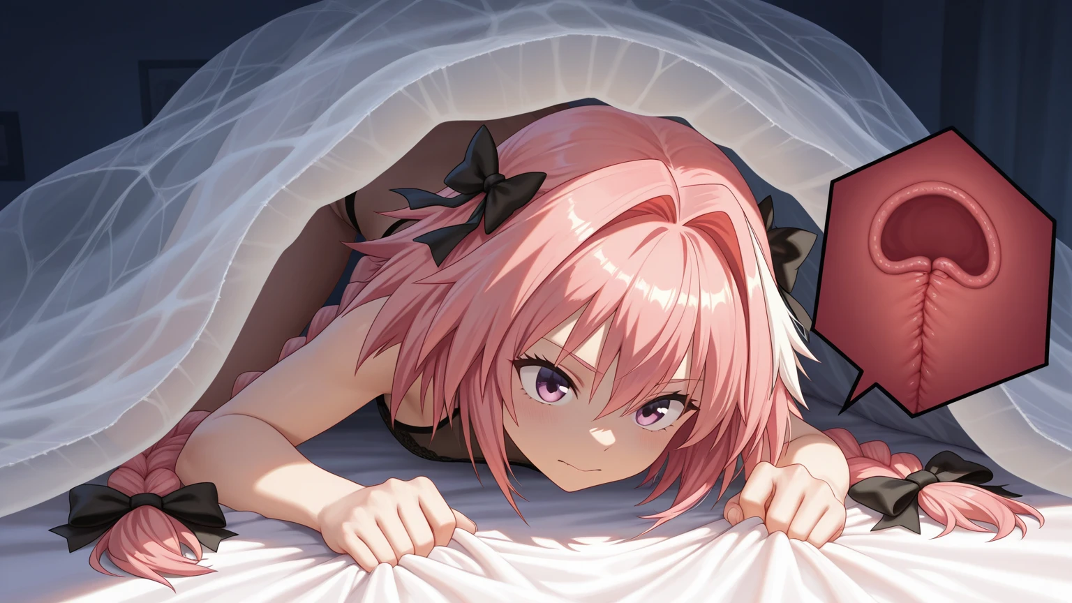 Girl white pantyhose blush pink hair red eyes JK skirt shy, Lie on your stomach in bed in winter
