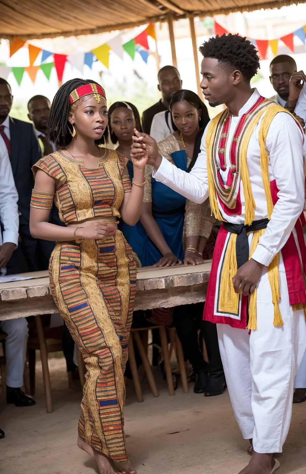 masterpiece, best quality, photorealistic, Congolese (Congo), posing with several people wearing the country's costume, in towns and tourist attractions