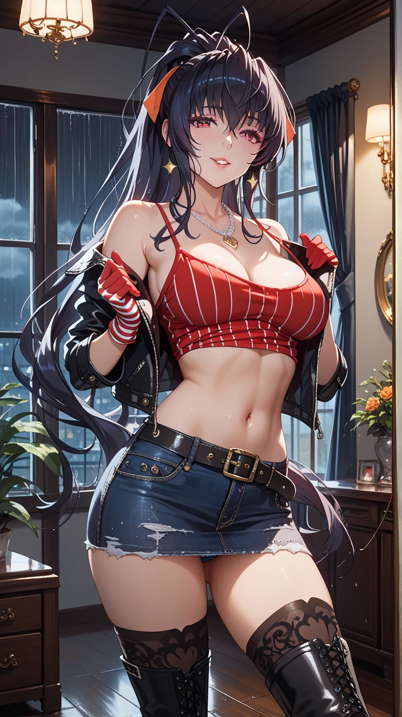 taihousweet; anime girl in black lingerie and black stockings, and black militar cap, opening her long jacket; long jacket; black and red jacket; open jacket; black lingerie; black stockings; black pantyhose; black hat; militar cap; black shoes; smile; smiling; cheerful facial expression; older females; mature women; long platinium hair; earings; thin necklace; large breasts; perfect breasts; cleavage; shaped thighs; morning light; sunlight; ethereal; looking down at viewer; seductive anime girls; seductive look; sexy pose; full body; (full body shot:1.1); beautiful detailed eyes; beautiful detailed girl; curvy:1.1; dynamic pose; perfect eyes; perfect face; perfect retina; perfect hands; perfect fingers; perfect feet; perfect toes; ultra detail face; ultra detail hair; very detailed eyes and face; ambient occlusion; cinematic lighting; field of view; fluid motion; harmony; interconnected elements; movie lighting; photorealistic lighting; realistic shadows; (vibrant colors:1.05); vivid lighting; warm and cool color palette; amazing; solo; trending on artstation pixiv; 8k wallpaper; best quality; CG; detailed painting; fine detail; (High Quality:1.4); high resolution; huge file size; illustration; Intricate Details; masterpiece; (photorealistic:1.4); professional artwork; (raw photo:1.2); reflective art; sharp focus; super detailed; unified; very detailed; extremely detailed artgerm; (nsfw) Not Safe For Work; from Azur Lane; Azur Lane Style;