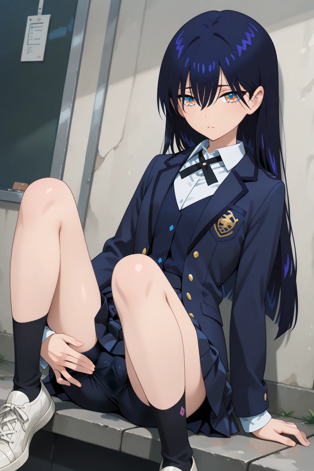 excretionする女の子、High school 女の子 naked from the waist down、High school 女の子 uniform on the upper body, Squat、sit、For viewers、17 years old、excretion、Poop、(blush:0.8)、Exposed female genitalia、alley