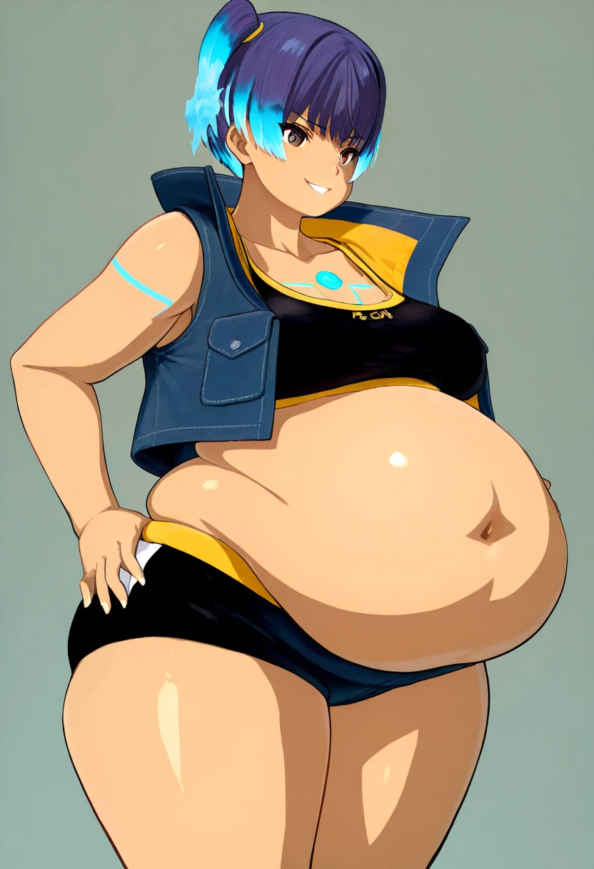 masterpiece, best quality, good quality, portrait, sena \(xenoblade\), cropped jacket, sports bra,  jewel, brown eyes, short hair, side ponytail, fiery hair, bbw, plump, large belly, , large thighs, love handles, wide , weight gain, thick shading,