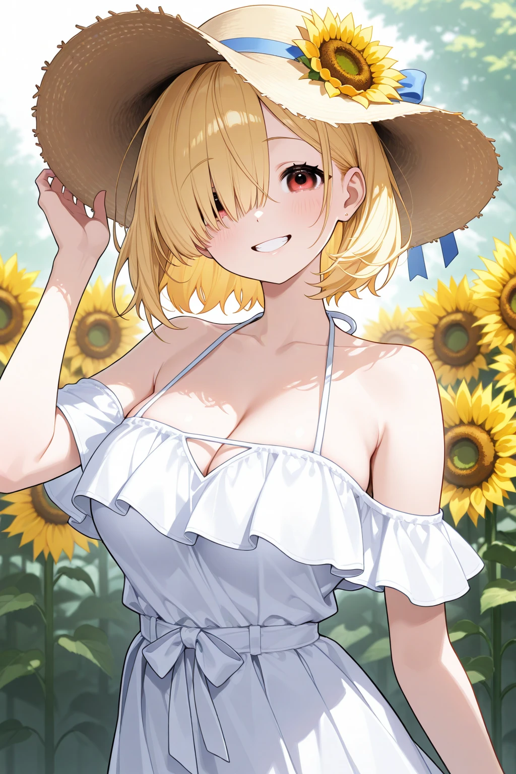 Beautiful girl, flat chest,sun flower,shiny gold platinum blonde hair, Bobcut,curly hair, Dog ears、Red sparkling eyes、detailed cute eyes,(glowing eyes:1.4),laugh heartily,((Droopy eyes)),white dress, straw hat, looking at sun flower, happy, watercolor, retouching, masterpiece, high quality, pastel colors, gentle light, cute pendant, sun flower blizzard, naughty smile