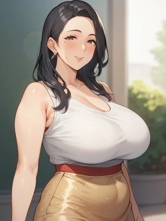 (On the table, best quality, high resolution, , Pixel Perfect, 4k,), 1 girl, single, Solitary, Beautiful woman、I can see the whole body.、 ((Medium-long wavy hair, Bangs, brown hair)), ((Brown eyes, beautiful eyelashes, Practical eyes)), ((Delicate face, blush:1.2)), ((Smooth texture:0.75, Practical texture:0.65, Practical:1.1, Anime CG style)), Middle chest, Dynamic angle, Perfect body, ((, Female teacher, , earrings、necklace、Light beige open collar sweater、Dark blue long flared skirt、Black knee-length stockings、、Shy smile、Put your hands behind your back、Lean forward、)), look up、、(、、、From the angle from below)、(((A plump teardrop-shaped chest,)))Expose((Cleavage))
