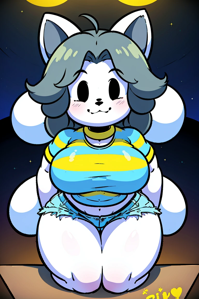 [temmie], [undertale], (Pixelsketcher), (wamudraws)], ((masterpiece)), ((HD)), ((solo portrait)), ((feet visible)), ((furry; anthro)), ((detailed fur)), ((detailed shading)), ((beautiful render art)), {anthro; (white body fur), black nose, cute grey eyes, short grey hair, (curvy hips, big breasts, big ass, huge inflated belly), (beautiful legs), (beautiful paws), (excited smile)}, {(blue-yellow striped bikini}, {(on bed), (kneeling), (looking at viewer)}, [background; (bedroom), (ambient lighting)]