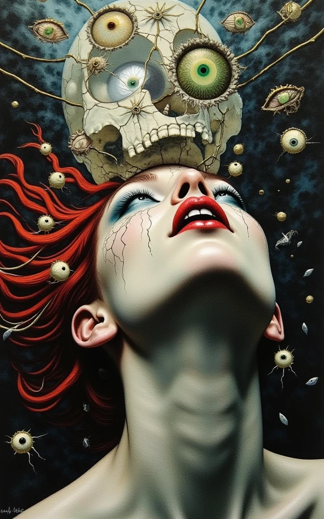 A close up portrait of elegant female humpty with pale white face with eyes looking straight at you. Also a harlequin lady sitting in a boat cuddling a big eyed fish on choppy sea scape by René Magritte. More surrealism and madness. Much more surrealism and crazy designs. With surreal clouds, Salvador Dali clouds coming out of her head. More surrealism and crazy ideas. Like a circus theme.much more surreal designs and electric colours