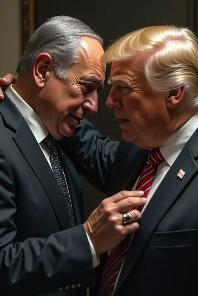 In the low-light room, Two men posing political behave, hugging or shake hands, ((Donald Trump and Netanyahu)), size of Donald Trump:1.2, Facing each other,Among them, The first man is an old man, And the other is young, With an atmosphere of concentration in the discussion between them and a deep look, Wear a black suit, The young man enthusiastic expression, focus two men, Contrast lighting, delicate skin,Cinematic, HD, details , Realistic, Get to know a professional photo, soft lighting, highs quality, Best Quality,