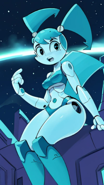 High quality portrait of Jenny Wakeman fighting aliens in a futuristic city. HORA DO DIA. Cara de bravo. robot body, robot joints. Parafuso azul no umbigo, blue bikini, tomada na calcinha da frente, letter p no Name