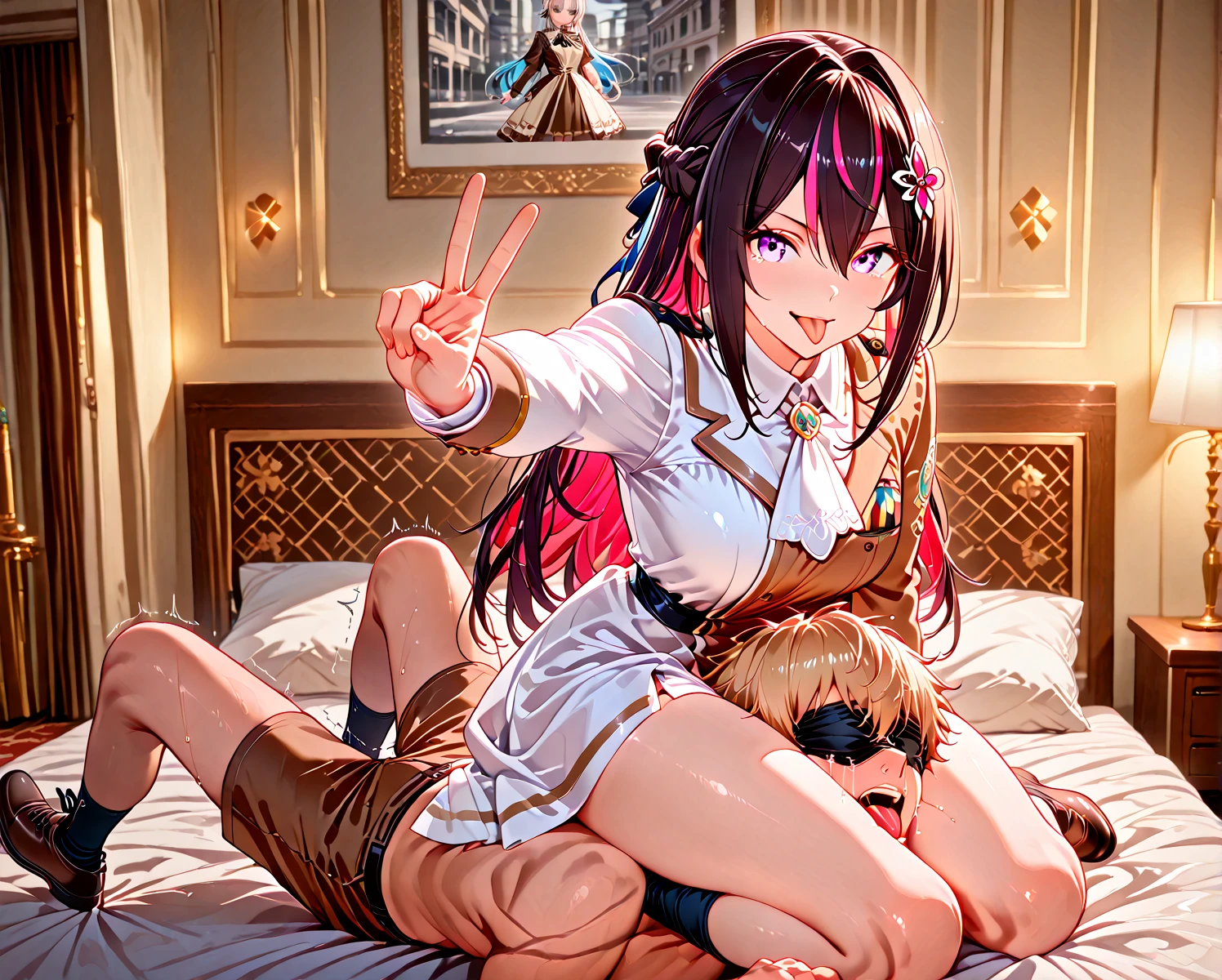(1 boy, 1 girl), a teenage school girl in mixed bondage wrestling with a teenage boy, they are roughly the same age, the school girl is wearing a red pleaded careered skirt and a black pullover, the girl has a is a bit smaller than the boy, the girl has shoulder long hair, the boy is wearing casual clothes, teenage boy hogtied and struggling against the ropes, school girl applying more ropes to the teenage boys body, blushing boy dominated and controlled by the girl, the girl is smiling and laughing and tries to humiliate the teenage boy, the teenage boy is blushing and ashamed and is gritting his teeth, he desperately tries to break free but to no avail, the boy struggles and squirms against the ropes, the girl is sitting on top of the teenage boy to prevent him from moving and has ropes in her hands and uses them to tie up the arms of the teenage boy behind his back,the arms of the teenage boy are completely tied behind his back in lots of ropes, the teenage boy looks very embarrased and ashamed, the girl is saying „this must be embarrassing for you“ , huge struggle, many viewers watching, wrestling ring,intricate rope work, teenage boy blushing and ashamed, dramatic lighting, highly detailed, photorealistic, 8k, masterpiece, teenage school girl vs teenage school boy, femdom, power, control, beautiful teenage girl, detailed faces, teenage boy aggresively tied up by teenage girl, lots of rope, perfect eyes, detailed faces, squirm and struggle marks arround the boy, akeno, hair bow