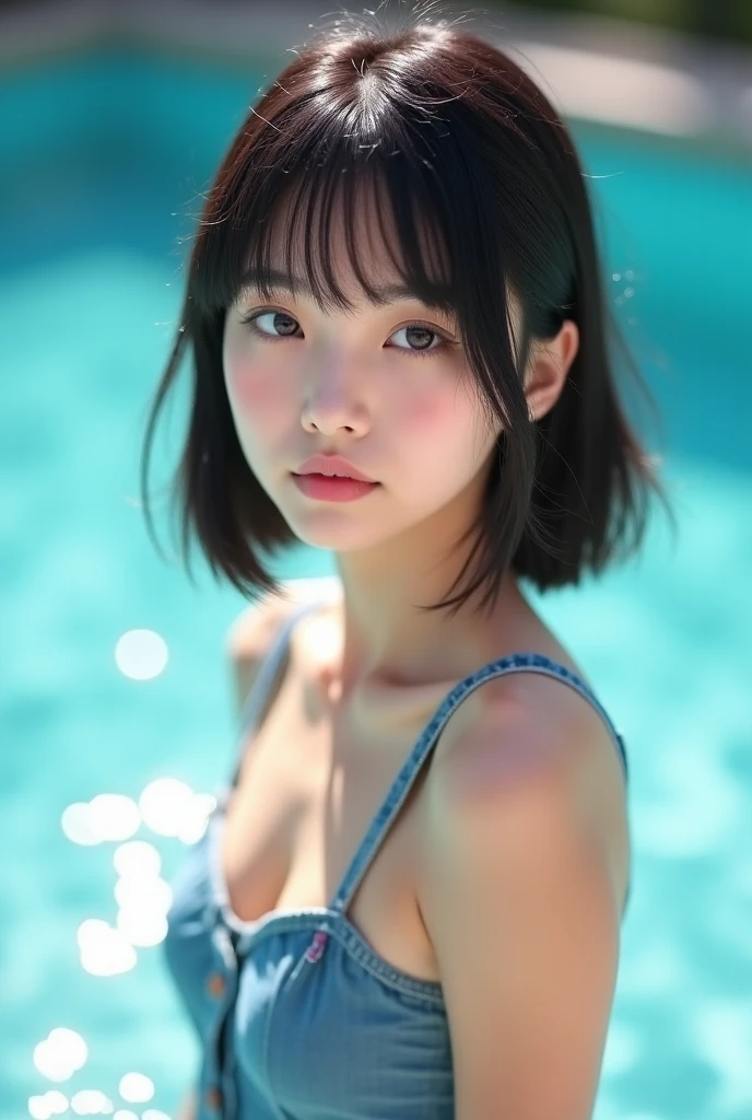 (2 Japanese girl,), (Small breasts:1.5,),(solo,Textured skin, Detailed skin,Detailed face,Detailed eyes,detailed posing,Natural eyebrows,Perfect limbs,High detail, Highest quality, Super detailed, Surrealism, ,8k,RAW Photos,Photographicism,Professional Lighting,Portrait Photography,),((Black Hair, Dark Eyes,Natural Makeup,Simple earrings,Bob Hair,happiness/joy)),(((Night Pool,Gingham plaid bikini,Stand on your knees)))