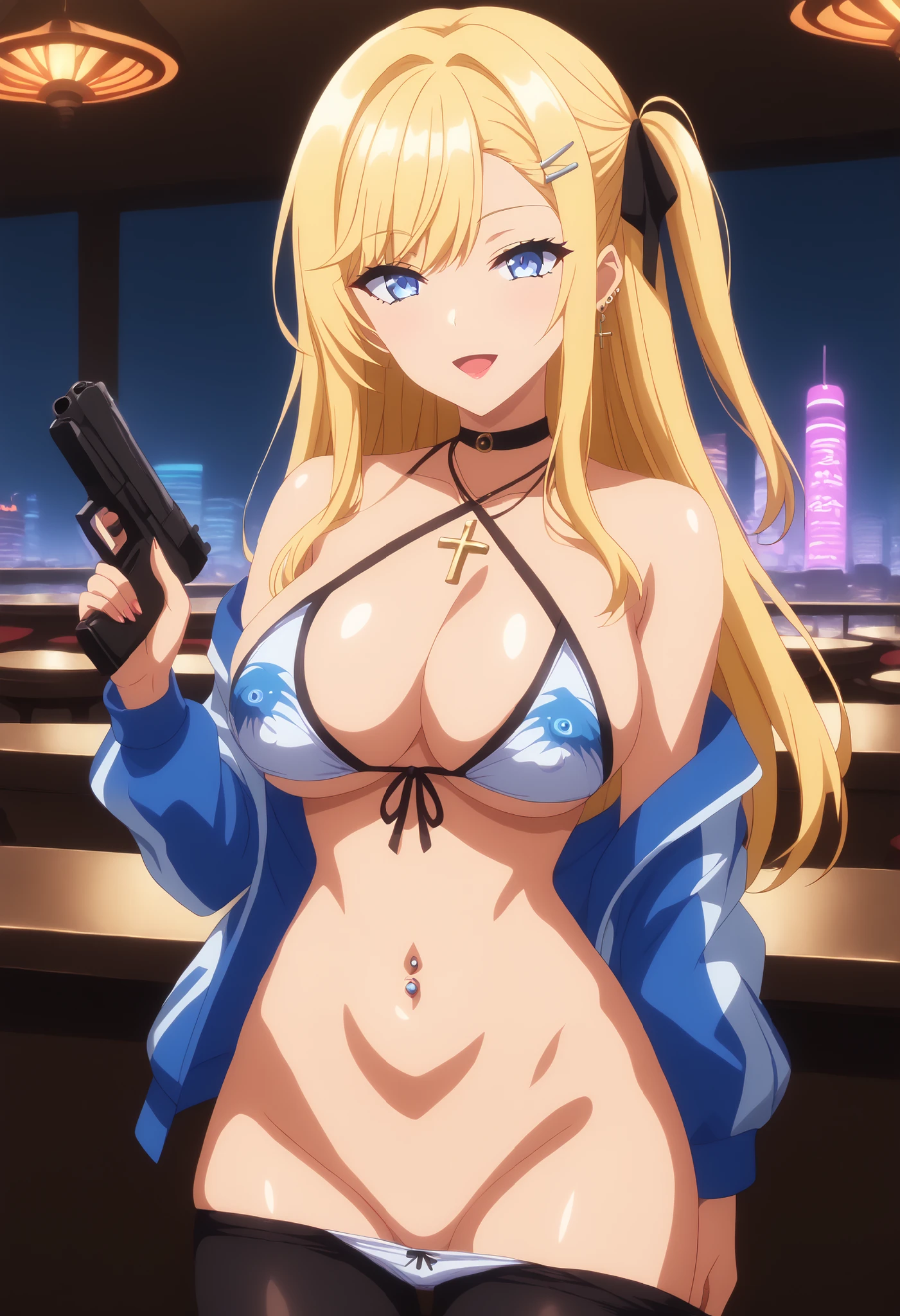 Reina Morimoto, morimoto_reina, (blue eyes, , blonde hair, blonde, lipstick, masterpiece,high quality,4k, bare shoulder,belly,crop top,outdoor,cleavage,jeans,casual
dress,street,road,smile, open mouth, (nsfw) not safe for work, holding a gun,handgun, evil expression,
exposed belly, exposed navel, exposed midriff, exposed lower belly, crop top overhang, underboob,
unbuttoned jeans , low rise black jeans, Low rise jeans, Low rise jeans with open fly, navel piercing
