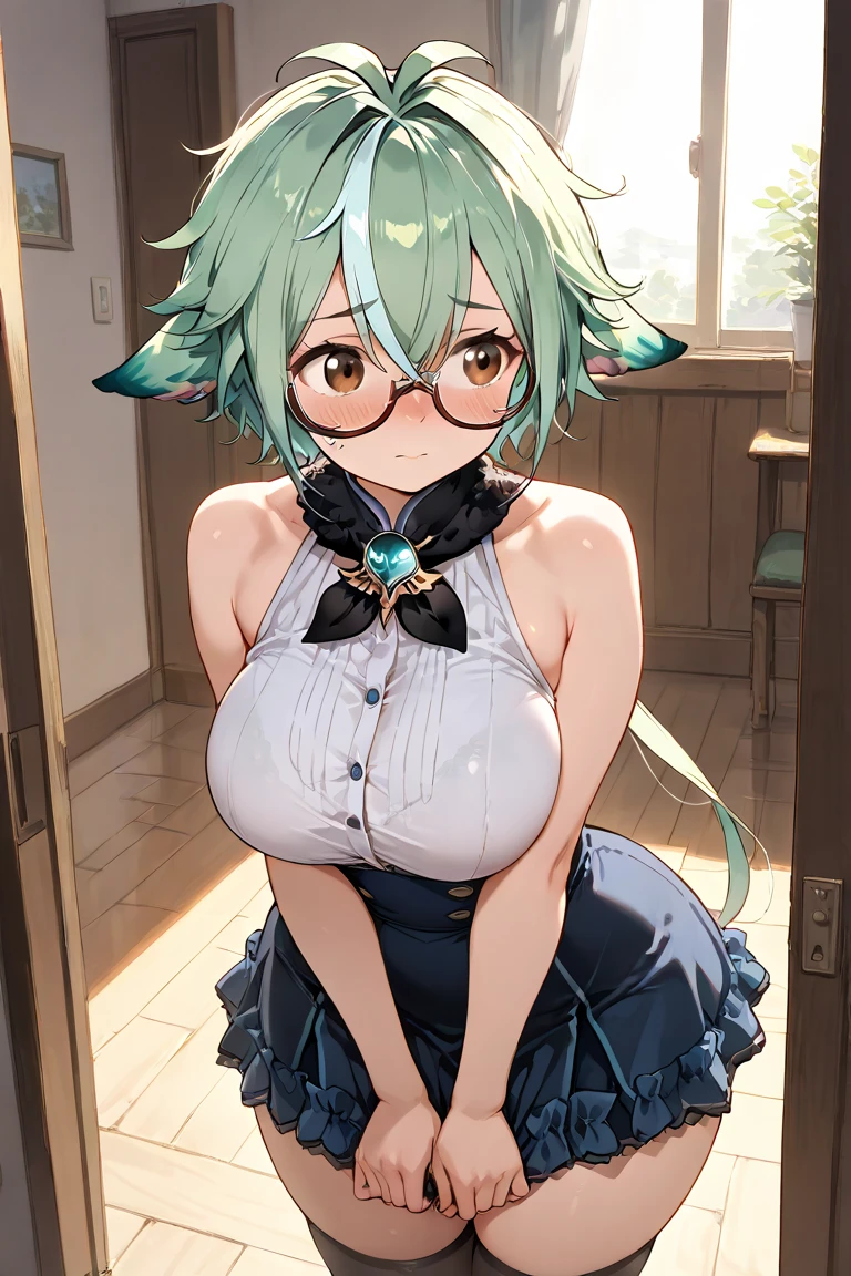 , 2girls , 1boy, , , penis between the breasts, breasts squeeze together, comedy, secret, , , pubic hair , , , dark shading , night, , slime covered breasts, wavy mouth, funny faces, motion lines, motion effects, sucrose, ahoge, animal ears, (brown eyes:1.5), glasses, gradient hair, hair between eyes, messy hair, multicolored hair, semi-rimless eyewear, short hair, sucrose put slime on her breasts, room, alchemy potion, ,naked , areola,