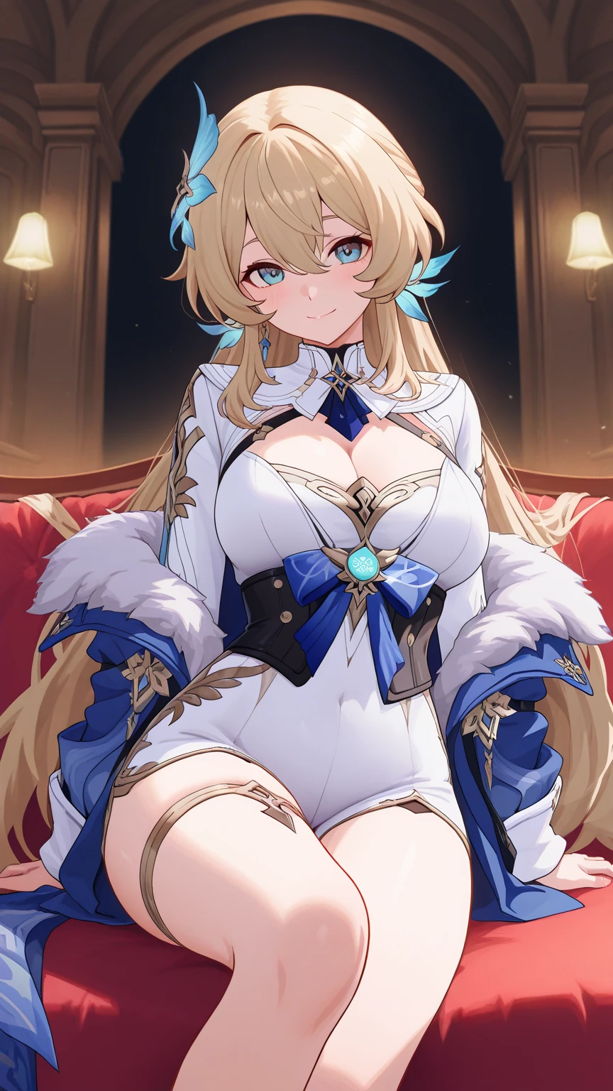 masterpiece, best quality, absurdres, soft lighting, looking at viewer, solo, light_smile, wink, one eye closed,
1girl, ahoge, rabbit ears, playboy bunny, artoria pendragon \(swimsuit ruler\) \(fate\), large breasts , blonde hair, green eyes, french braid, pony tail
bare shoulders, large breasts , cleavage,
clothing cut out, wrist cuffs, detached collar, navel cutout, feather boa,
white leotard, blue necktie, blue pantyhose, single thigh strap, hands behind head,
cowboy shot,
white background,