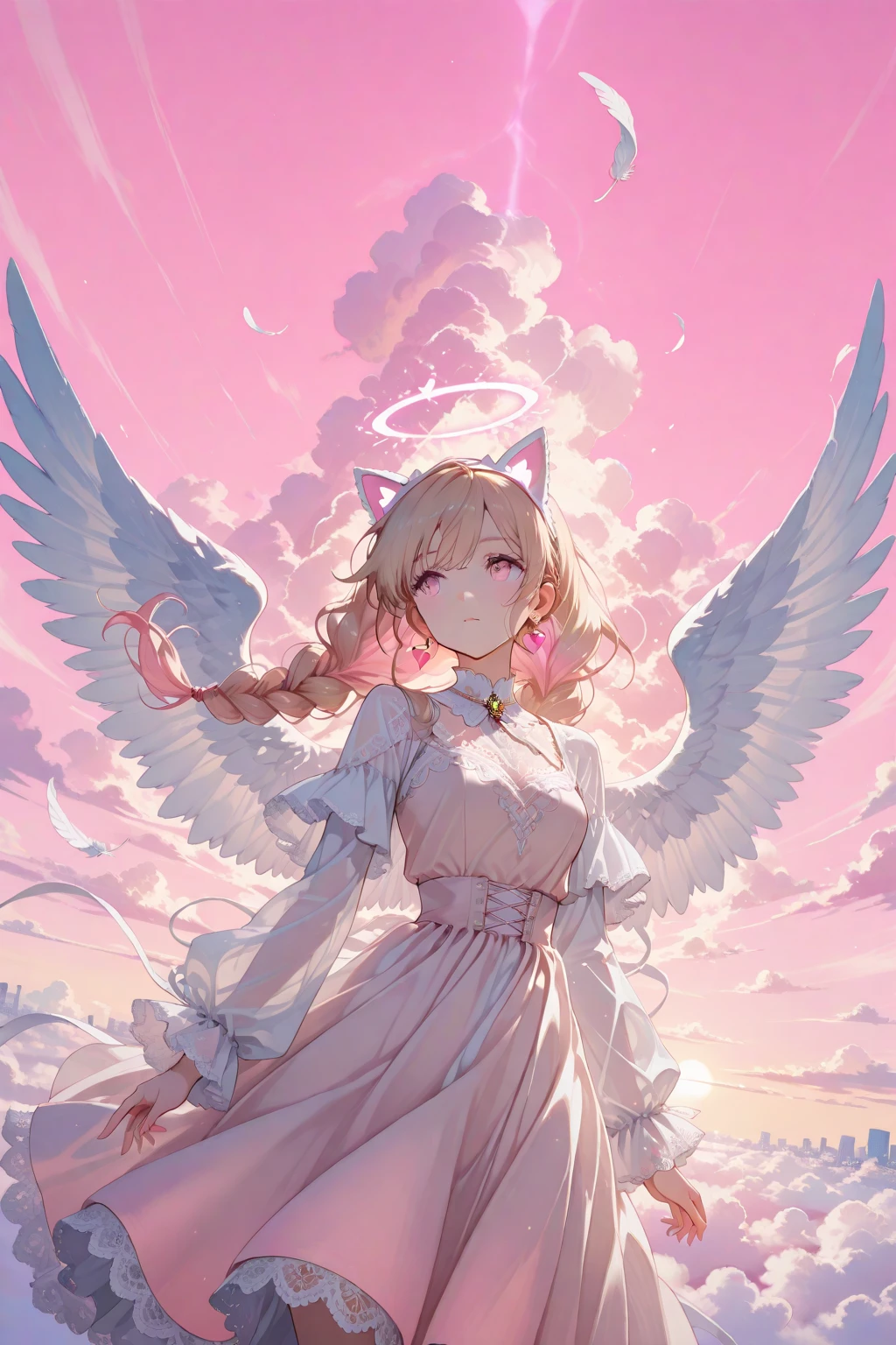 "There was silence in the sky，There is only one angel with white feathered wings，Fly slowly through the clouds。The clouds were filled with morning mist，The glow is overflowing，It's like a scene in a fairy tale。The angel wears a white robe，The head wears a feather crown，lovely and delicate，The eyes are full of wisdom and blessing。The seductive sunlight and brilliant rainbows echo each other and reflect among the white clouds。"