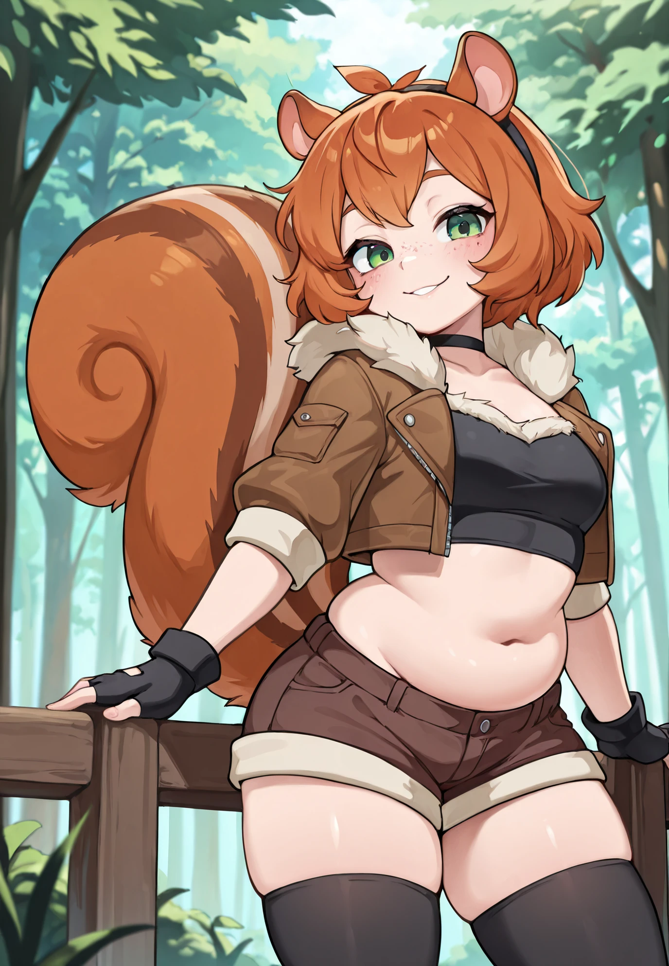 safe_pos, 1girl, solo, looking at viewer, outdoors, dynamic illumination, warm illumination, forest, half-body, cowboy-shot, smile, seductive look, squirrelgirl_mvr, green eyes, orange hair, short hair, squirrel ears, squirrel tail, large tail, plump, freckles, choker, hairband, black gloves, fingerless gloves, fur trim, brown shorts, midriff, open jacket, brown jacket, cropped jacket, black thighhighs, brown footwear, (masterpiece, best quality, absurdres, highres, very aesthetic, sensitive)
