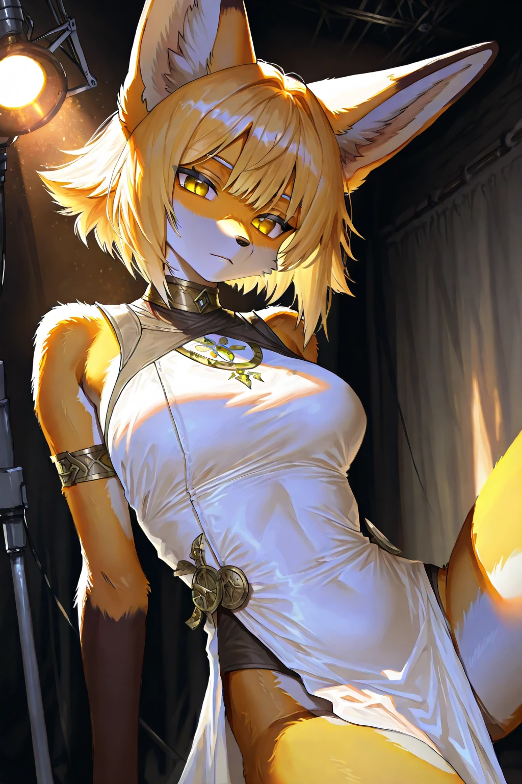 (Dark environment:0.8),masterpiece,high quality,abstract res,digital painting\(artwork\), by dagasi, yupa,kiyosan,(anthro,fluffy fur,character focus:1.1),anthro male cat,short hair,portrait , Bright eyes, Panoramic View, Character focus.(Detailed background:0.7), solo, shaggy, Furry female, female focus, anthr,(Full body fur, Fluffy tail, Yellow fur, Yellow eyes, White hair:1.2),