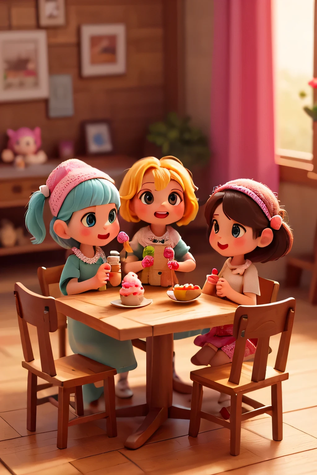 Four cute rag dolls, adorable cloth dolls, sitting on vintage wooden chairs around a table with four magnificent and delicious very colorful ice cream cups, soft pastel colors, warm lighting, cozy interior, detailed textures, soft focus, photorealistic, 4K, HDR, studio lighting, extreme details