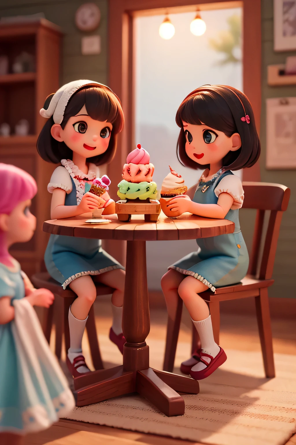 Four cute rag dolls, adorable cloth dolls, sitting on vintage wooden chairs around a table with four magnificent and delicious very colorful ice cream cups, soft pastel colors, warm lighting, cozy interior, detailed textures, soft focus, photorealistic, 4K, HDR, studio lighting, extreme details