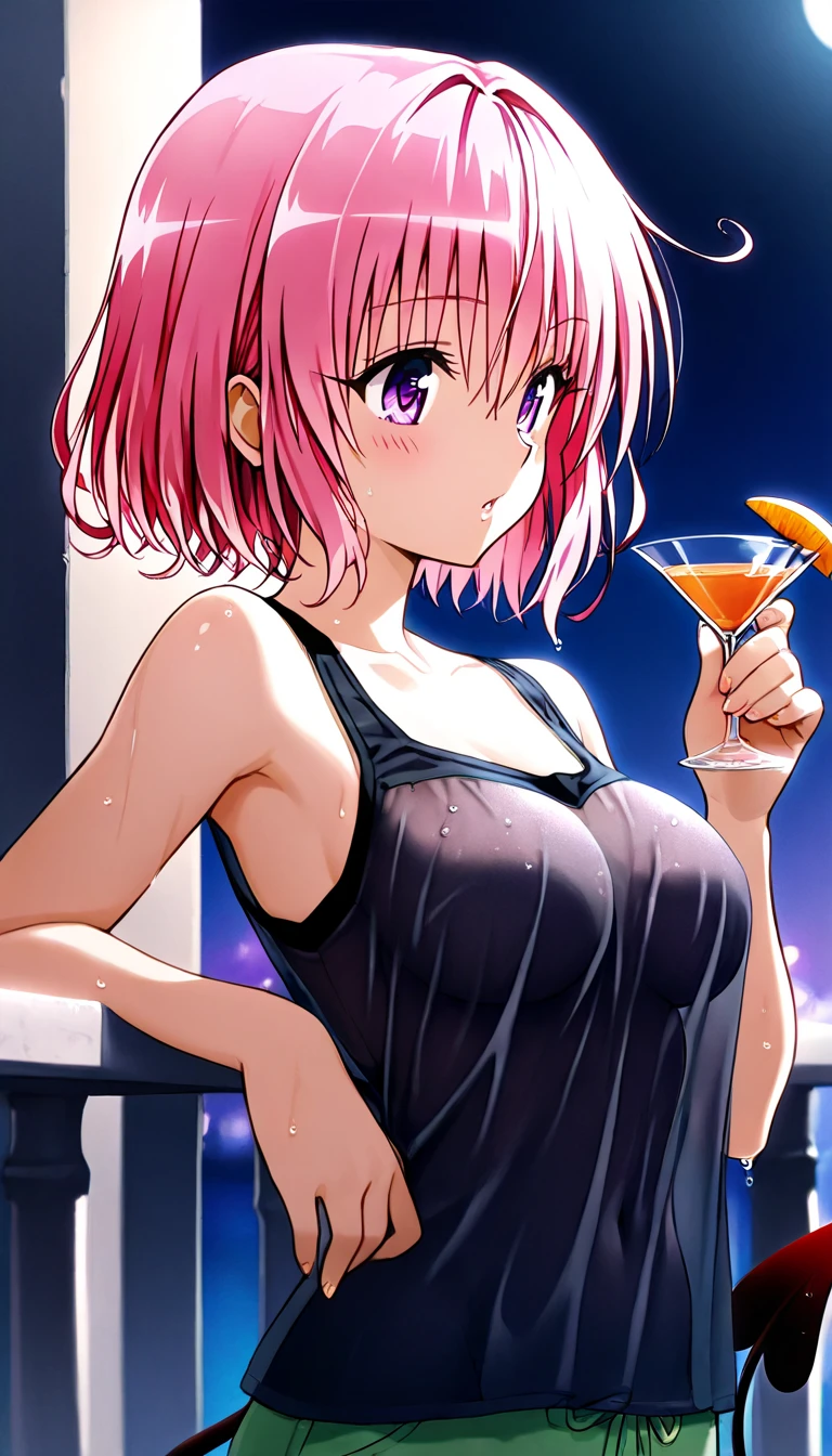 High resolution depiction of a vibrant girl in a stylish bikini, donning sunglasses, and holding a refreshing cocktail, rendered in 8k quality.