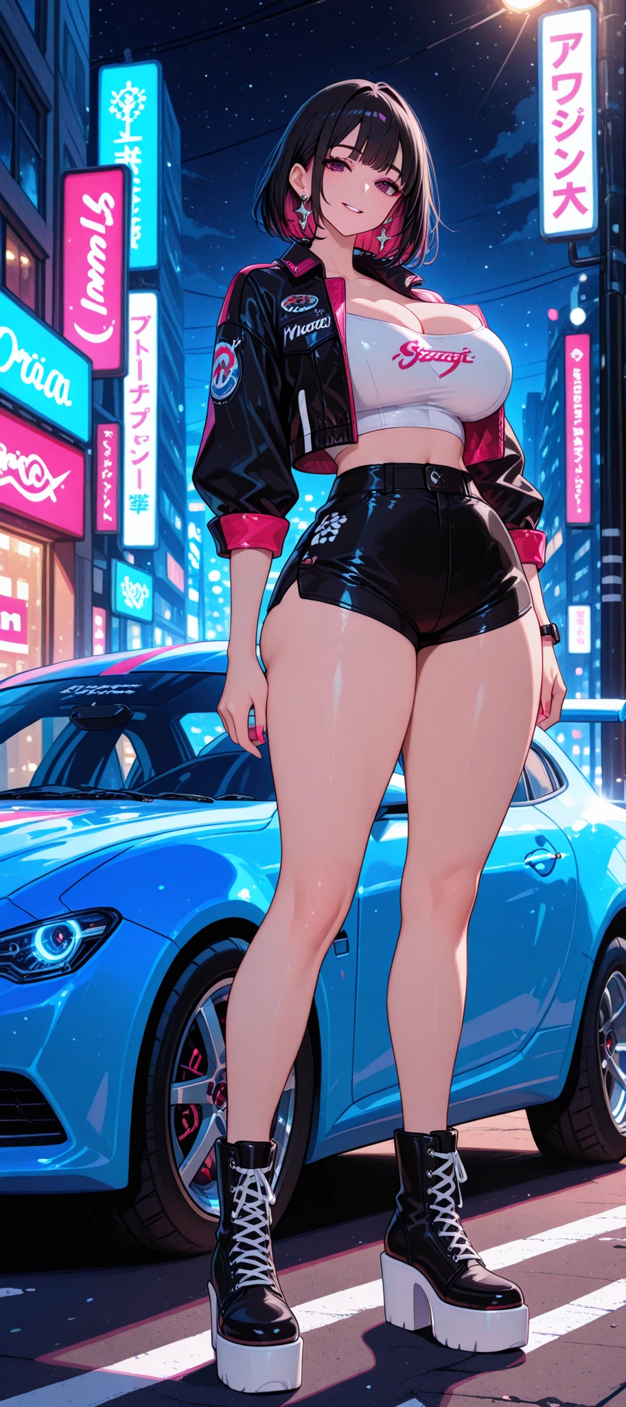 Best Quality, Masterpiece, 1girl, solo, Pepperswim, standing, :d, wrist cuffs, posing ass, pointed ass directly at the viewer, (leaning hard), asymmetrical bikini, red cross, back