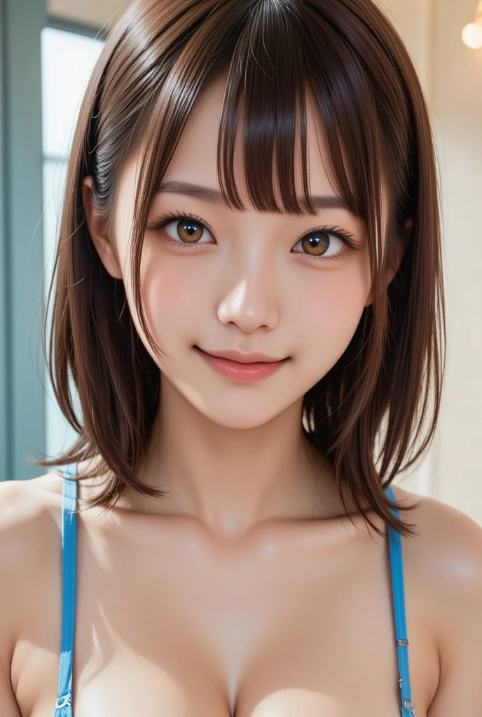 an oil painting、masterpiece、top-quality、hight resolution、side poneyTail、light brown hair、Yellow-green bikini、Polka dot bikini、A smile、Floral scrunchie、Side tail、Bikini with ruffles、White background、kawaii