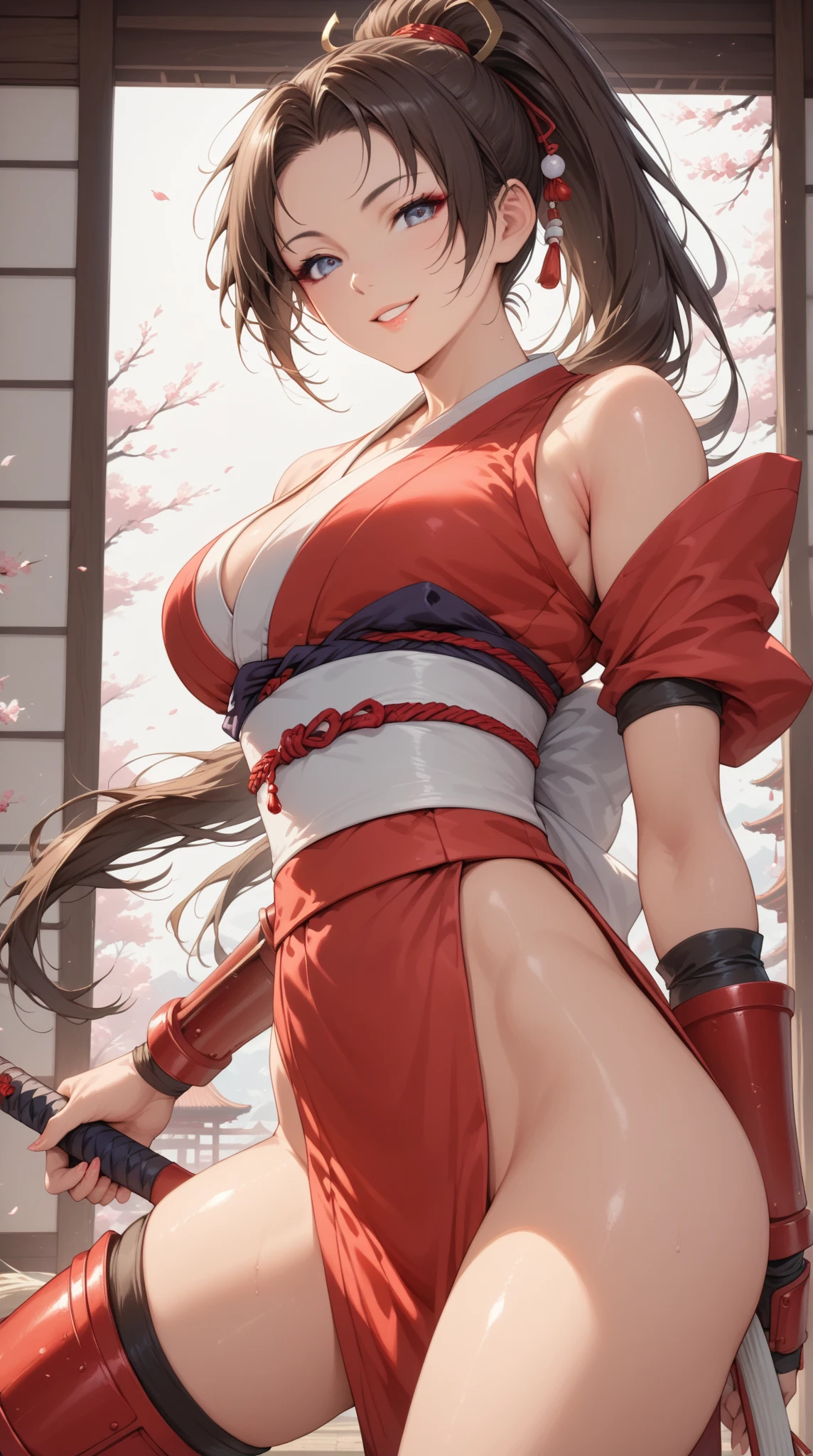 (tmasterpiece,top-quality,best qualityer,offcial art,Beauty and aesthetics:1.2),(1girll:1.3),(s fractal art:1.3)(Good lighting:1.1),((A high resolution)),with brown eye,long whitr hair,brown hair,White ribbon,无袖,pony tails,obi strip,pelvis curtain,cloths,mai shiranui,upperbody closeup,cleavage,Fighting posture