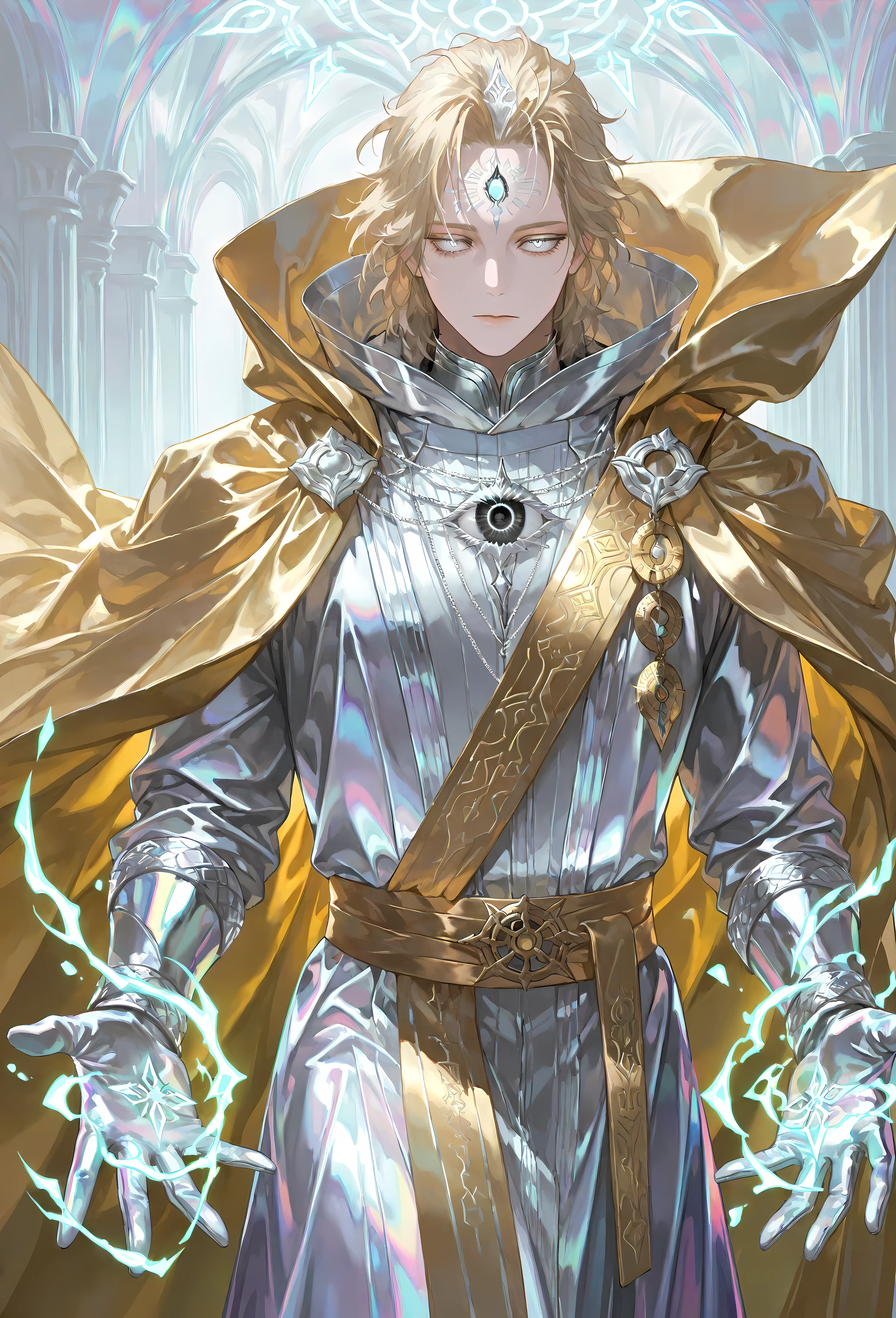 8k, beautiful masterpiece, looking out at the front, alone, pale skin, Perfect Eyes shape, Athletic Build, ((He wears: White Doctor Strange Robes, Eye of Agamotto Amulet, Golden Cape with Cowl, Mystic Gloves, Golden Sash)), (((background is vast magic library, looks emotionless and somber while holding the Necronomicon and casting a spell via magic sigils and glyphs))), 23 years old male, 1 man, male-centered, handsome man, handsome, short messy hair, blonde hair, Thick painted, (((iridescent silver eyes; vertical third eye on the forehead))), Perfect Eyes, masterpiece, top quality, amazing quality, exquisite details, very detailed, semi-realism art , semi-realism art style