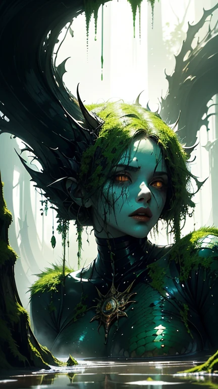 Ultra detailed illustration painting of a luminous and enchanting bad girl undead/human-like creature with dark hair, dynamic pose, anime style, dimly lit dark fantasy realm enviroment, mid shot, rule of thirds depth of field intricate details, concept art, subtle colors, fantastical realm, extremely detailed, ultra sharp focus, light particles, attention to detail, grandeur and awe, cinematic, stunning visual masterpiece, double exposure, 8k, photorealistic, strong outlines, cinematographic scene,