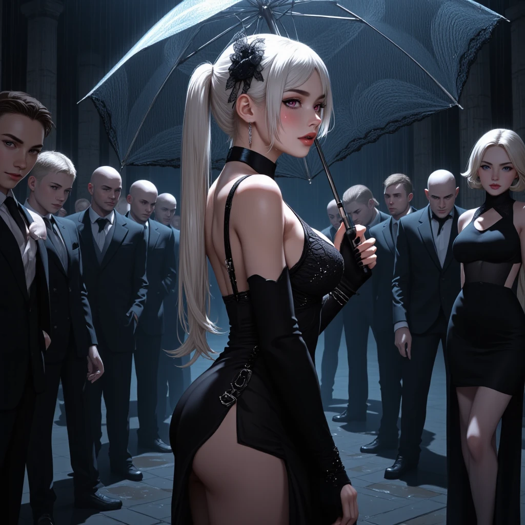 full body image of a woman and several men, "she is wearing a black costume with white parts of a maid mixed with Spider Woman, extremely tight in the body, maid headdress on her head, standing posture, she has "short straight blue hair , green eyes and big breasts", "they are wearing a suit and tie and are holding her", "she is looking at the viewer, her face is flushed, light makeup, she is wearing blue lipstick on her mouth, she has hair with a white streak, landing, hands clenched", are on a crowded bus at night, anime, anime style, anime, anime style, NVIDIA RTX, anatomically correct, 16k, best quality, award winning, high quality, UHD, masterpiece, anatomically correct, 16k, best quality, award winning, high quality, UHD, masterpiece, high details