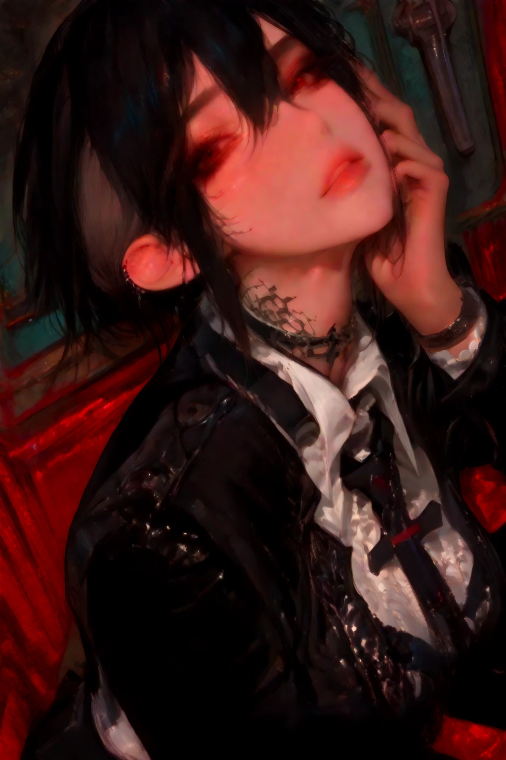 Jellyfish hair, Goldrose and blues hair, collar,
Black Cherry Leotardo and Cherry transparent dress
Cherry makeup, full makeup, salmón lips, eyeshadow, (((boy))), (((small breasts))), Bulge, Erection, Thighhighs