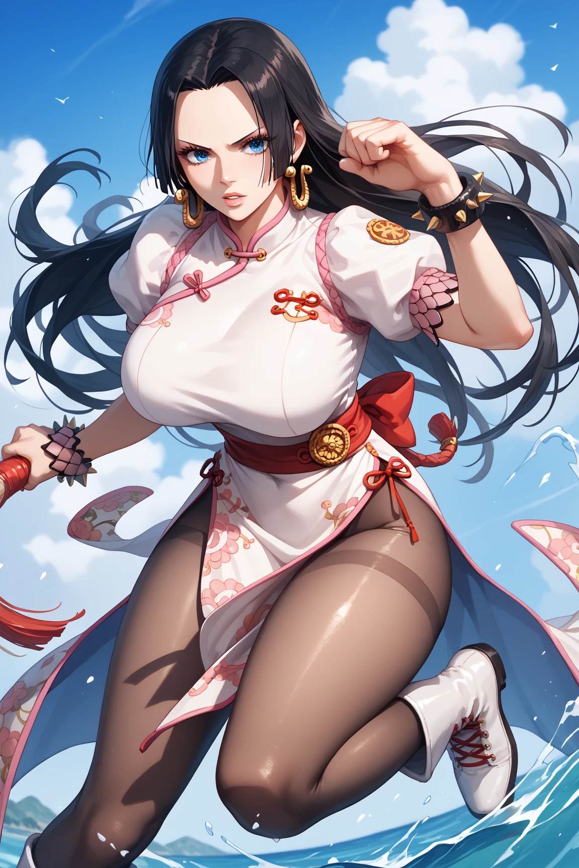 Anime source, Milf, motherly, Fitgirl, Score_8_up, Score_7_up, break, Best Quality, Beautiful Skin, Boa Hancock, Black Hair, blue eyes, Long Hair, forehead, Large Breasts, 1girl, pantyhose, solo, jewelry, chinese_clothes, china_dress, bracelet, dress, spikes, boots, pelvic_curtain, spiked_bracelet, sash, pantyhose, cross-laced_footwear, brown_hair, thighs, thick_thighs, lace-up_boots, , white_footwear, fighting_stance, puffy_sleeves