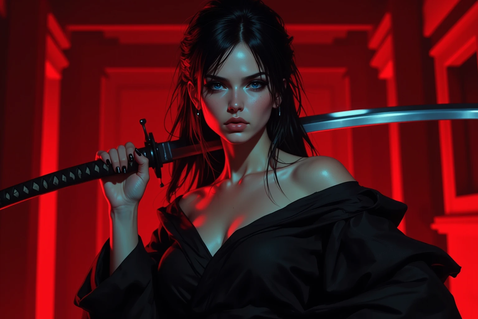 A close-up of a woman's very blue eyes, angry look, linda, black hair,clothing red low cut leather dress, and a katana in his hand in his hand, night background, glowing home light, brillitos