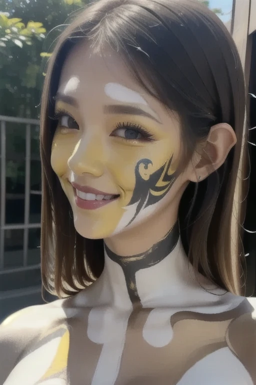 ((Realistic lighting, Highest quality, 8K, masterpiece: 1.3)), Clear focus: 1.2, 1 Girl, Perfect Body Beauty: 1.4, Slim Abs: 1.1, ((Dark brown hair, Big Breasts: 1.3)), (Finished with body paint,Transparent flower handle: 1.4), (Home, night: 1.1),Body Paint Dresses, whole body, Long legs, Window Glass, Highly detailed face, Beautiful Eyes, double eyelid.13 years old、Short Hair
