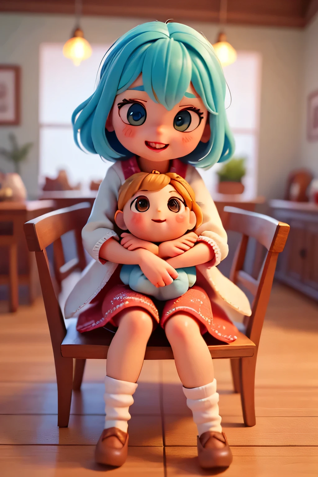 Four cute rag dolls, adorable cloth dolls, sitting on vintage wooden chairs around a table with four magnificent and delicious very colorful ice cream cups, soft pastel colors, warm lighting, cozy interior, detailed textures, soft focus, photorealistic, 4K, HDR, studio lighting, extreme details