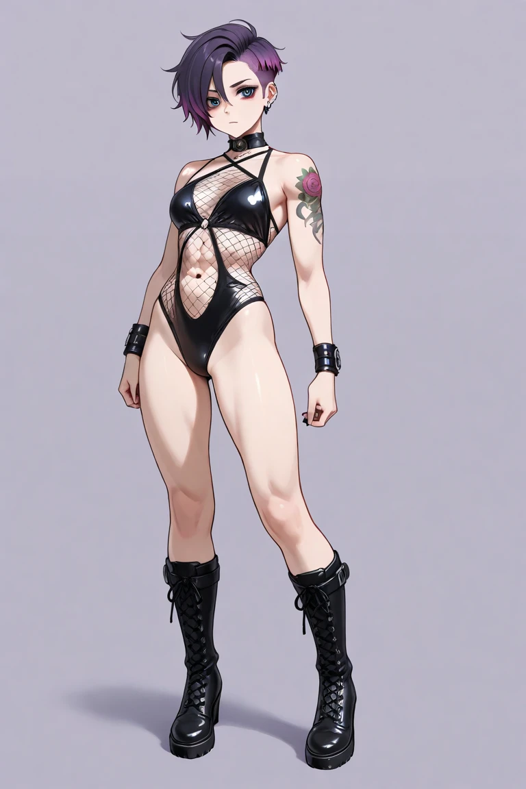 a goth girl, pretty face, serious face, short hair, perfect green eyes, perfect body, fit body, muscular abdomen, big breasts, muscular, small black thong, extra small, full body, combat boots. robe