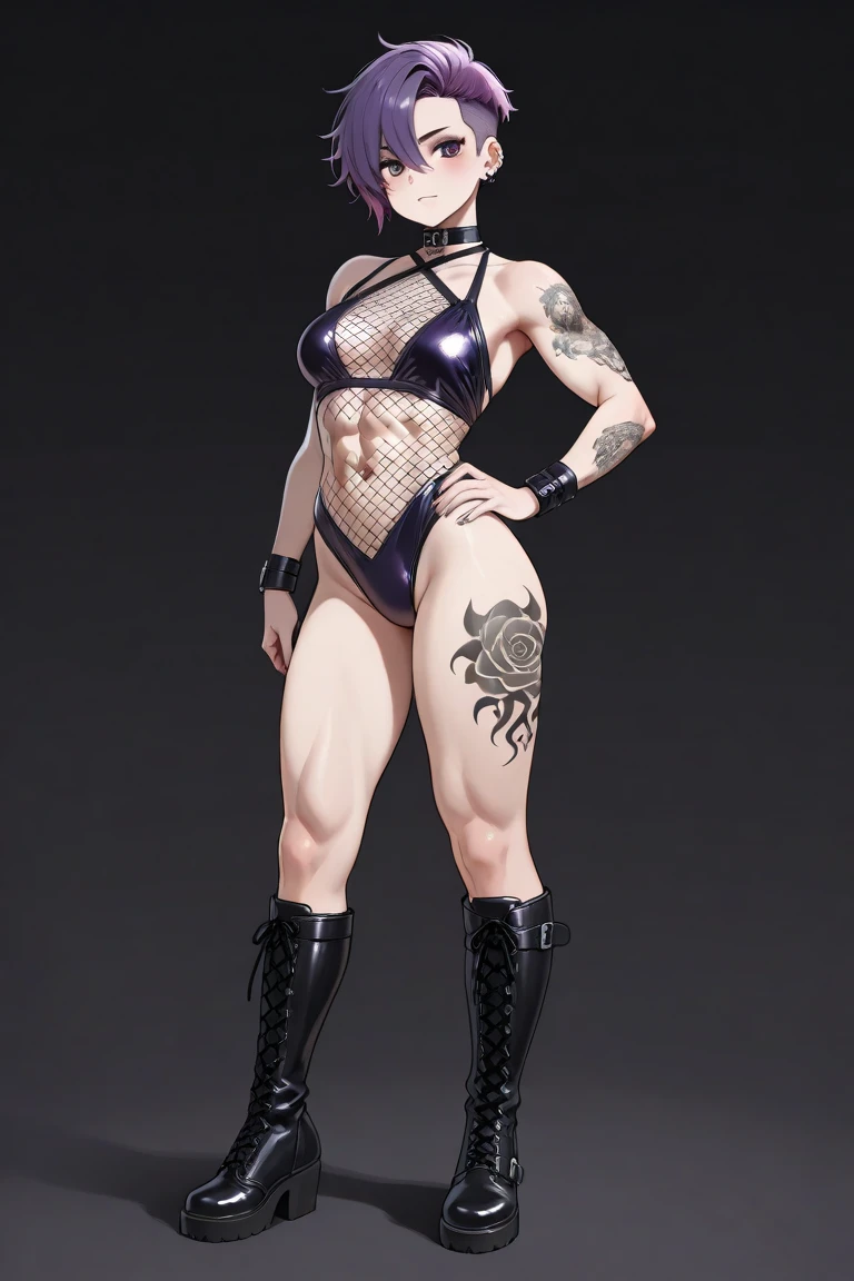 Sherry purple hair. A girl handcuffed and bound in chains, full body view, hands on glass ??????? on glass ??? on glass window fog water drop