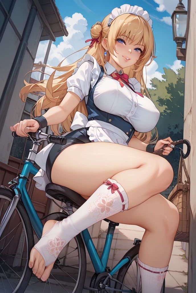 
blonde hair, long hair, One Side Up, aqua eyes., Big Breasts, , solo ,nipple, 14years old, ride a bicycle, Expressway