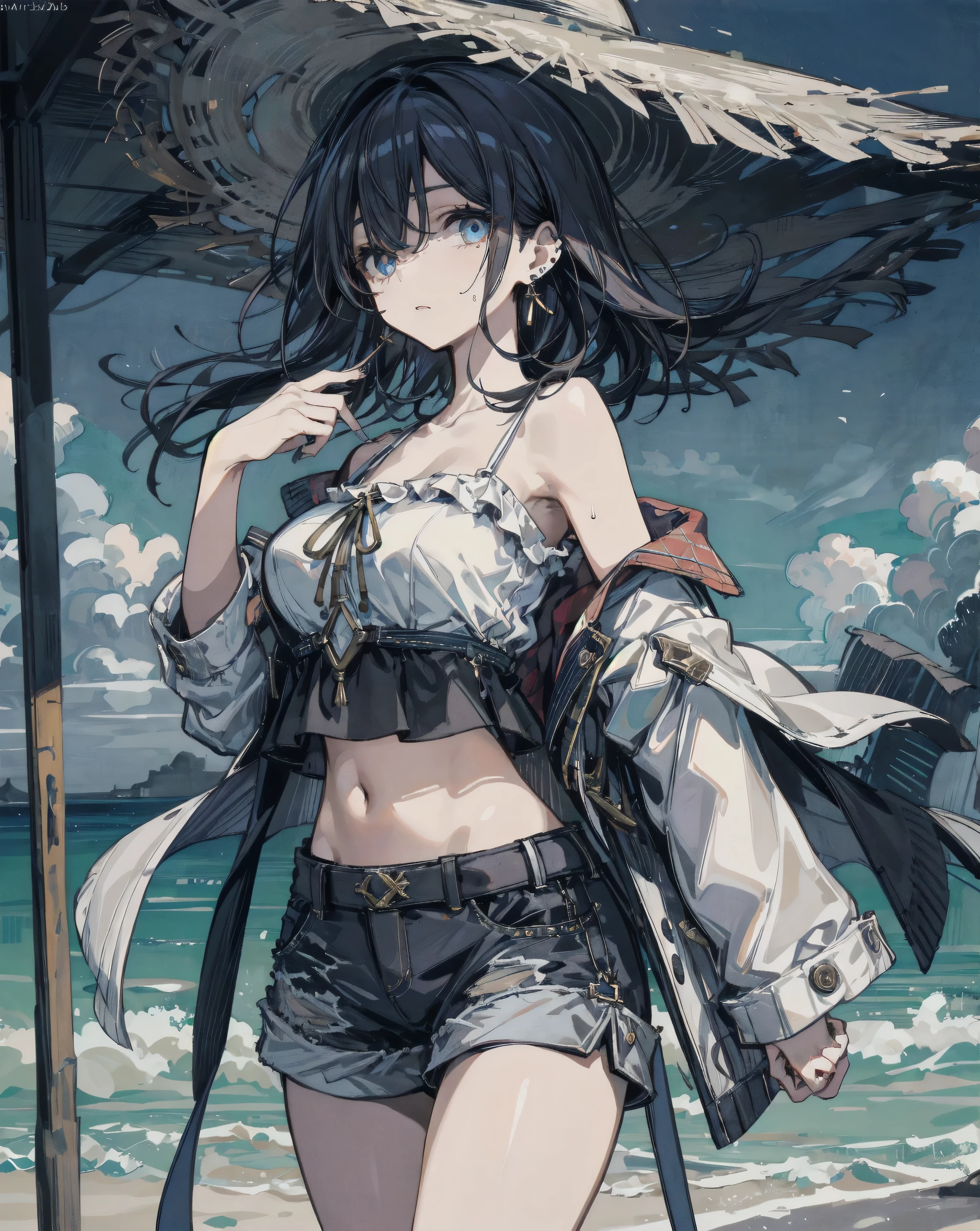 1girl, full body, (white pupils,), solo, large breasts, hat, (front-tie bikini), midriff, necklace, miniskirt, belt, (open clothes), black pantyhose,
<lora:moffmachi_style-LyCORIS-any-000022:1.1>