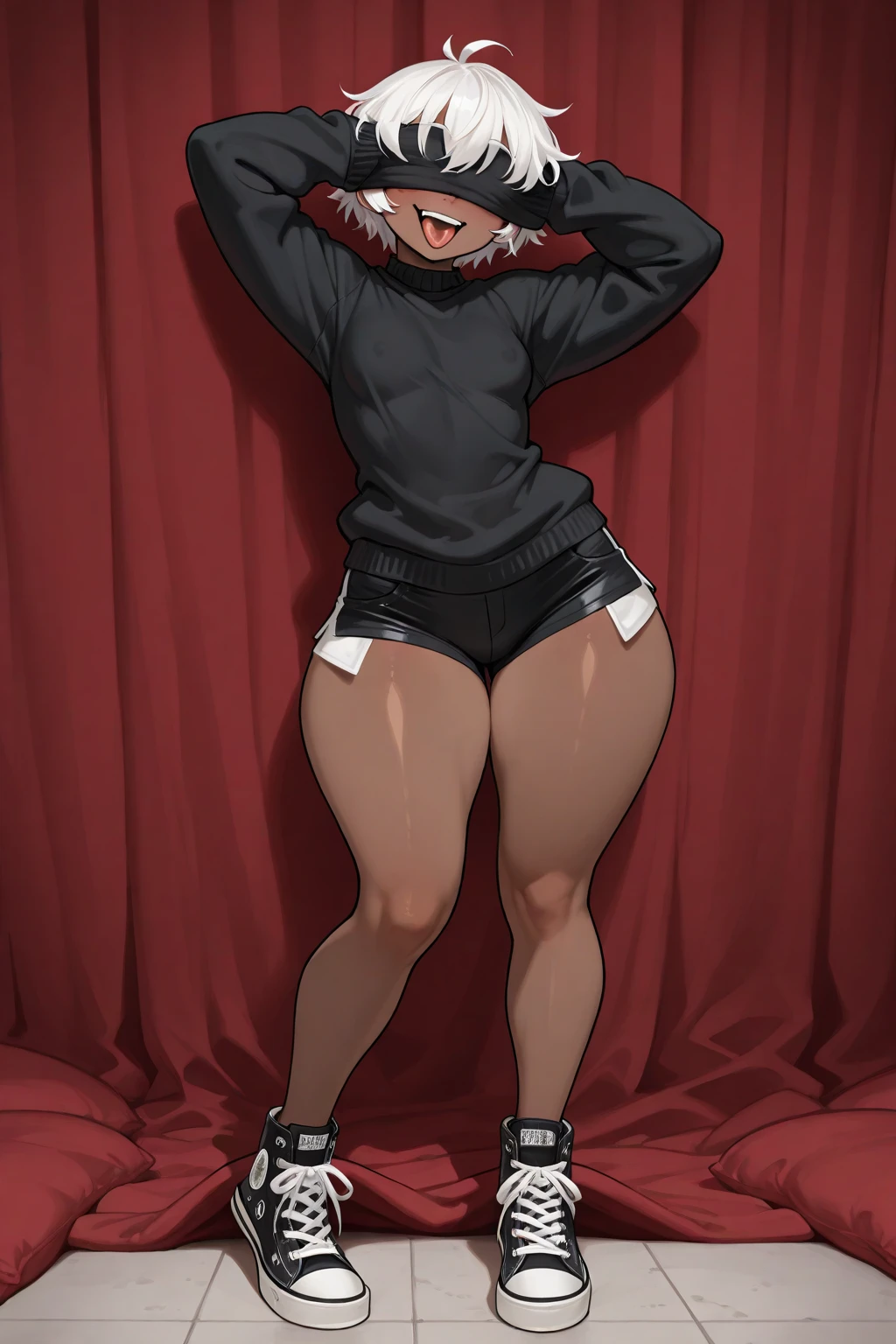 masterpiece, best quality, mature female, black lips, goth, pale skin, crop top, choker, panties, kneeling, panting