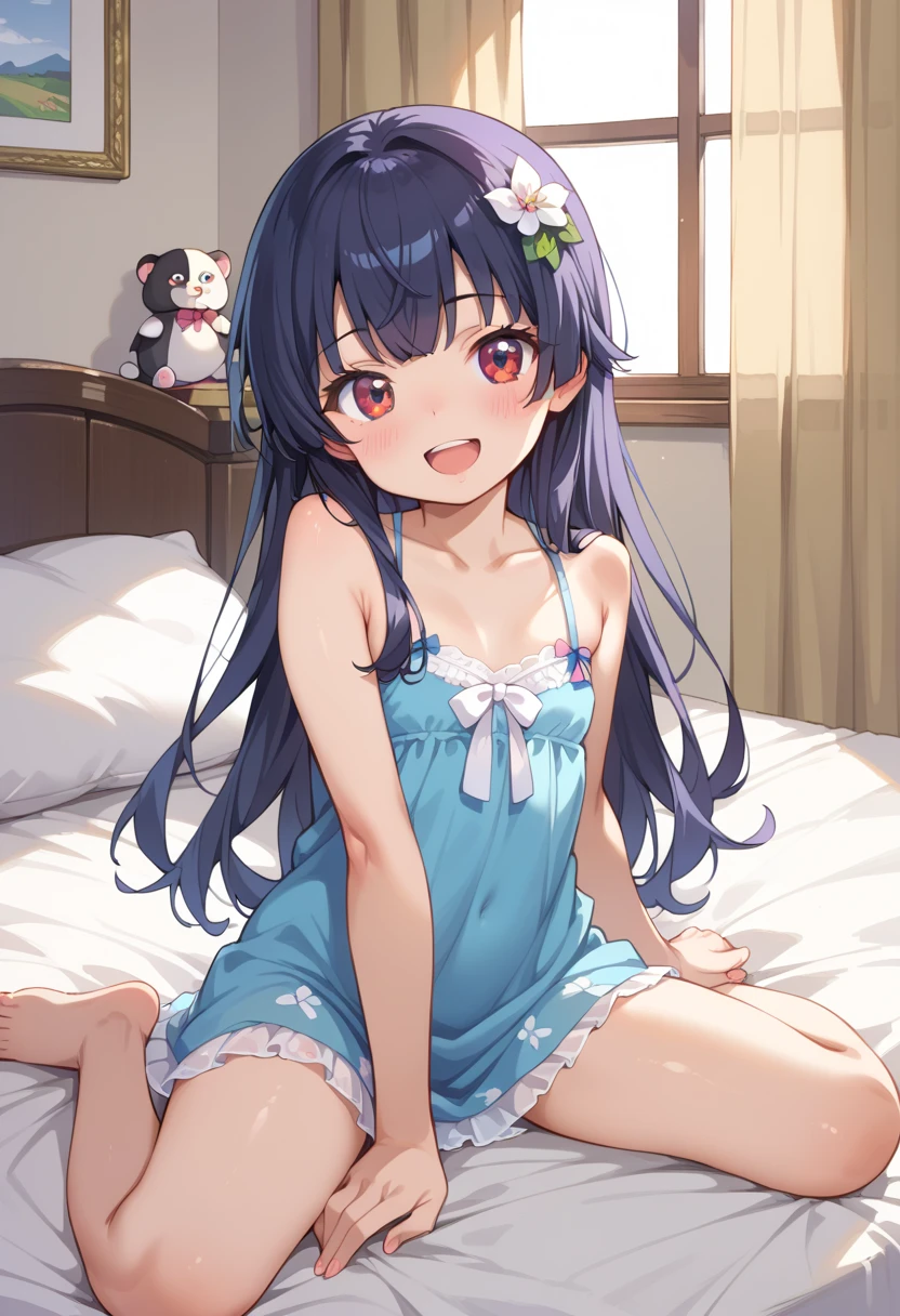 ((masterpiece)), ((best quality)), (ultra-detailed), anime style, on the bed, a cute girl, 1girl, solo, smile, underwear00