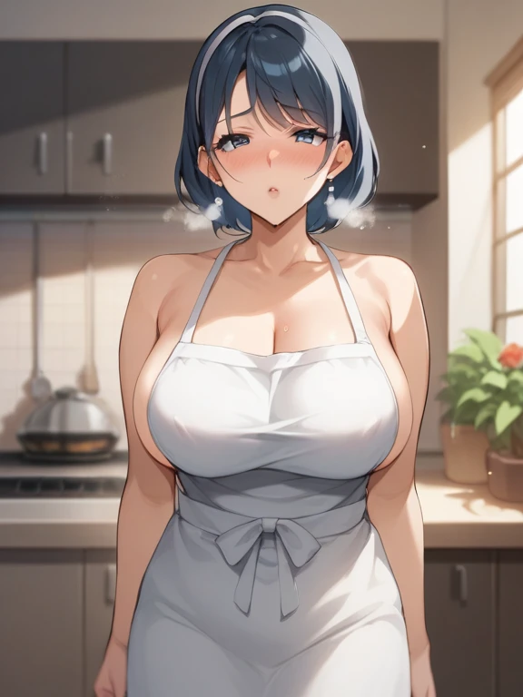 <lora:nakedapron-10:0.6>, naked apron, gigantic breasts, smile, looking at viewer, wide hips, indoors, kitchen, curvy, black hair, lips, bob cut, blunt bangs