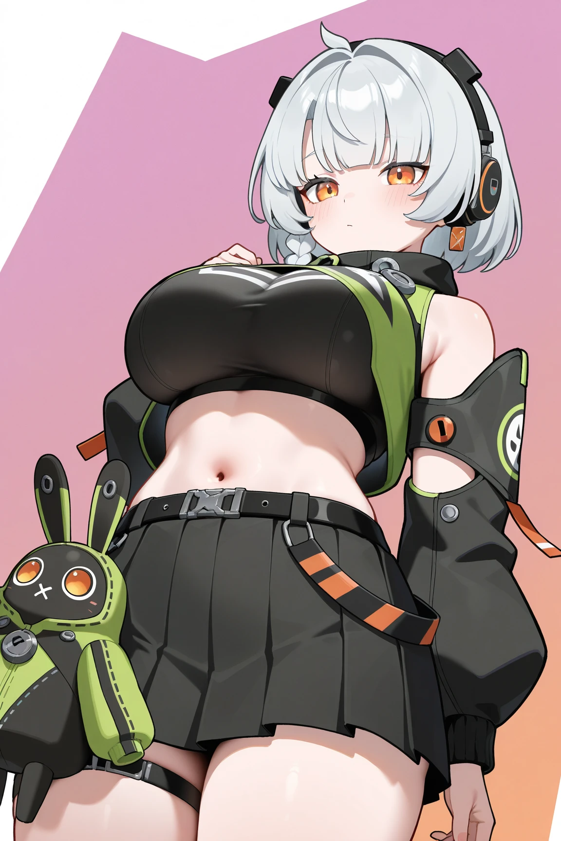 Girl, gray bunny, bunny ears, short gray hair, white paws, carrot in hand, bunny tail, big breasts, exposed belly, short skirt, cold features