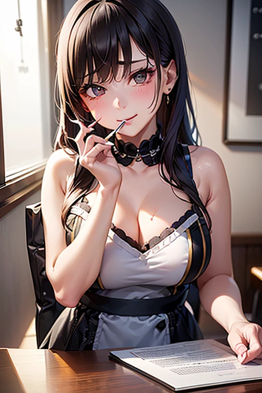 Naked apron、Transverse breasts、No bra、Teleface、ponie tail、Large ribbon