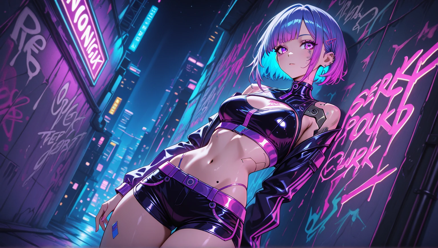 Beautiful woman,(((sexy))),((extremely sexy woman with liquid paint hair)),

(((Big chest))),(((short hair,liquid paint hair:1.1,neon purple hair|neon pink hair|neon blue hair|neon aqua hair|purple hair|fuchsia hair|fluorescent blue hair|amethyst hair|neon hair|bright pink hair :1.5,bright hair: 1.3,hair made of paint and defies gravity,thick flowing,paint splatter:1.3,shiny hair: 1.3,vibrant colored hair))),((heterochromia:1.5, (purple_eye and pink_eye))),intricate eyes,beautiful detailed eyes,symmetrical eyes,big eyes:1.5,((fat)),(((lustrous skin:1.5,bright skin: 1.5,skin tanned,shiny skin,very shiny skin,shiny body,plastic glitter skin,exaggerated shiny skin,illuminated skin,wet legs))),(detailed body),(detailed face),

cute,slutty,seductive,erotic,(((nsfw))),

revealing clothing,show skin,(wearing a Neon color theme clothing:1.3,micro clothes,fluorescent and neon clothing,rave fashion,micro crop top,micro skirt,visible thong straps,accessories LED),((wet clothes,intricate outfit,intricate clothes)),

(dynamic pose:1.0),solo focus,embarrassed,(centered,scale to fit dimensions,Rule of thirds),

cyberpunk city by the ocean at night, with bright neon signs and dark stormy clouds and puddles, scenery:1.25,

artistic photography,(photography taken by sldr),highres, sharp focus, (ultra detailed, extremely detailed), (photorealistic artwork:1.37),(extremely detailed CG unity 8k wallpaper),((synthwave background theme)),(((vibrant colors))),(intricate background),(masterpiece),(best quality),