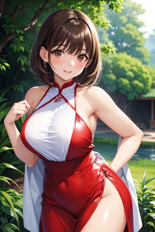 yazawa nico,Red eyes, Chinese dress,Red face,Blunt hair,Curvy body, on ground, Defeated , Bare with thighs,Fat Chubby,Smile,Black hair、Leaky shoulders、The chest is large、Pale pink lips、Mountain spring water, Dynamic pose, cleavage, Solo, Open clothes,In the foreground of graphic art、Kauai has women performing traditional dances。She wore floral ornaments and a straw robe.Her expression was bright and happy.、The dance movements are also elegant and elegant。She dances,It's like celebrating Kauai's nature and culture。 Graphic art background、You can see the Wyallaire Hills。The area near the summit is covered by thick clouds.、It has an air of mystery。Lush vegetation and waterfalls can be seen on the mountainside。Pure、There are rainbows in the sky.、Other names for Kauai「Garden Island」It expresses abundant nature。Black suspender leggings