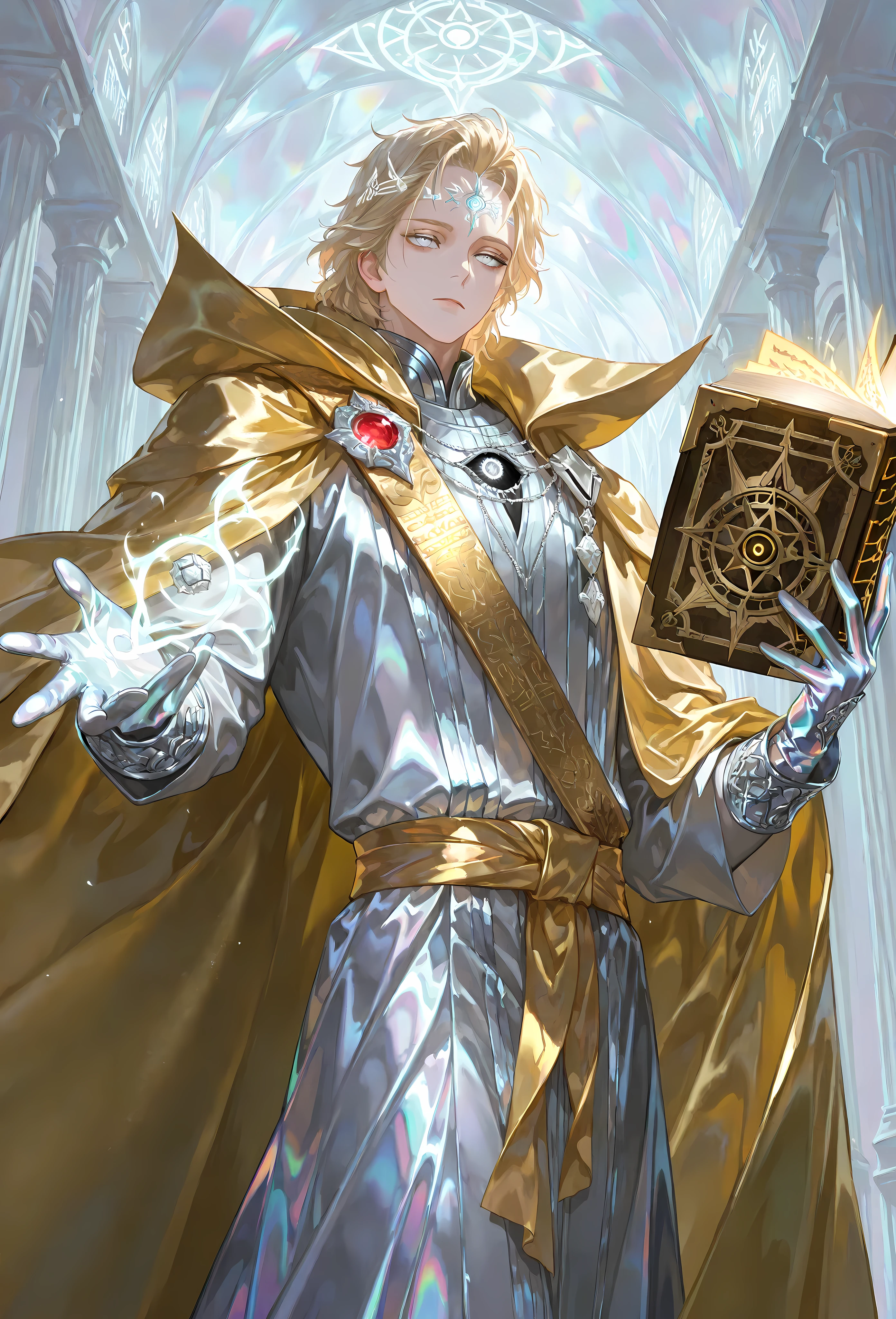 8k, beautiful masterpiece, looking out at the front, alone, pale skin, Perfect Eyes shape, Athletic Build, ((He wears: White Doctor Strange Robes, Eye of Agamotto Amulet, Golden Cape with Cowl, Mystic Gloves, Golden Sash)), (((background is vast magic library, looks emotionless and somber while holding a golden grimoire and casting a holy spell via magic sigils and glyphs))), 23 years old male, 1 man, male-centered, handsome man, handsome, short messy hair, blonde hair, Thick painted, (((iridescent silver eyes; vertical third eye on the forehead))), Perfect Eyes, masterpiece, top quality, amazing quality, exquisite details, very detailed, semi-realism art , semi-realism art style