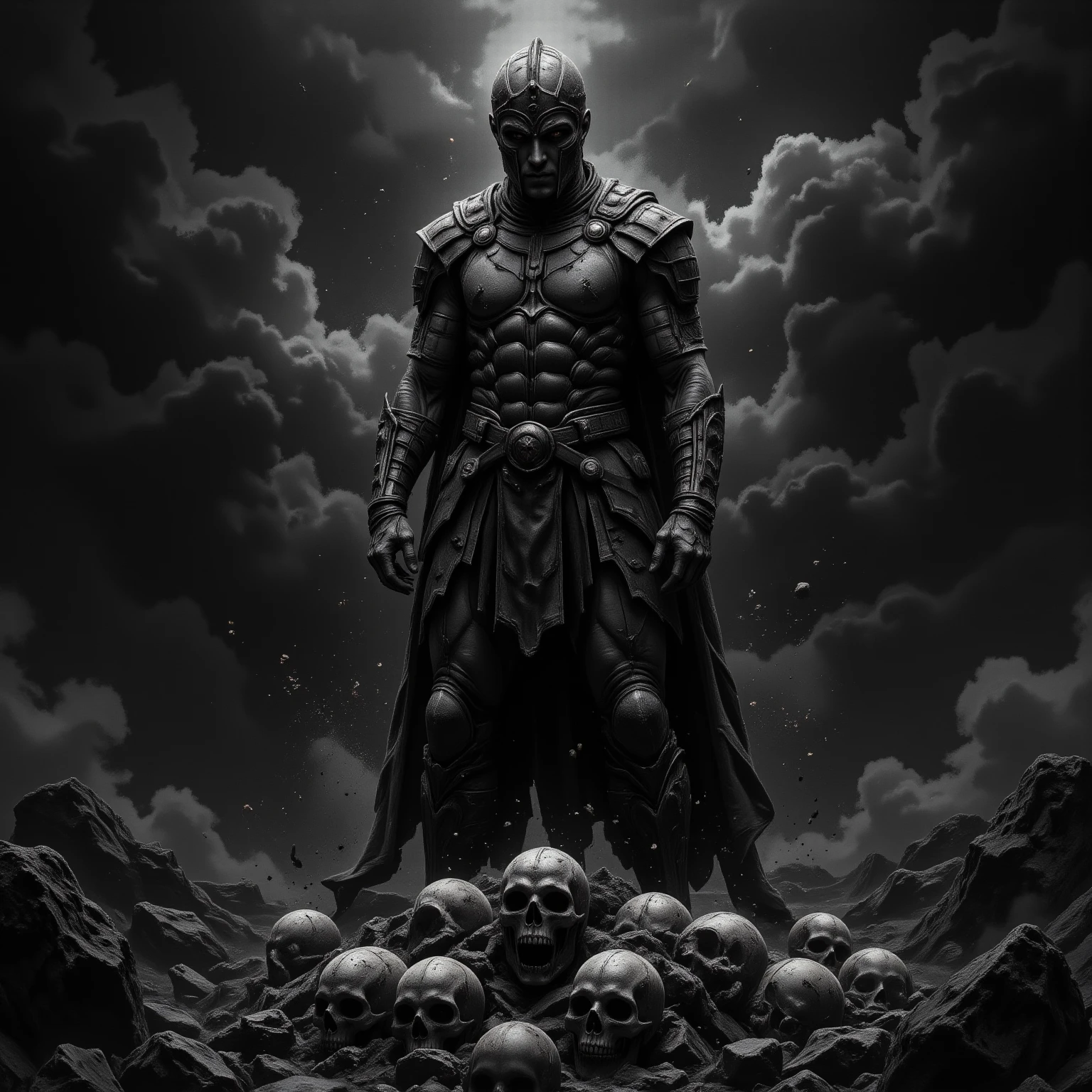 Ghibli Studio style, a powerful warrior, clad in gleaming armor, stands atop a mountain of skulls, their muscular arms raised in victory. Heavy iron chains extend from their gauntlets, binding the warrior to the skulls. Epic dramatic lighting, with storm clouds gathering in the background, casting an ominous glow on the scene.