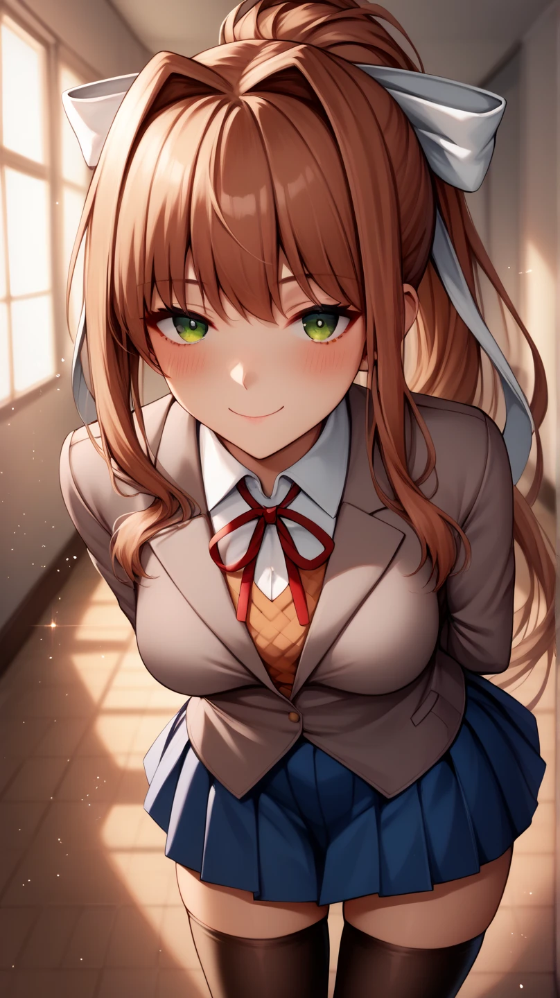 (masterpiece), best quality, expressive eyes, perfect face, highres, ddlcmonika, blunt bangs, brown hair, (green eyes:1.5), long hair, ponytail, ribbon, white ribbon, hair ribbon, sidelocks, black thighhighs, blue skirt, brown jacket, jacket, long sleeves, mary janes, over-kneehighs, pleated skirt, school uniform, shoes, skirt, thighhighs, zettai ryouiki, smiling, indoors, classroom background, (leaning forward:1.2), standing, upper body portrait, looking at the viewer